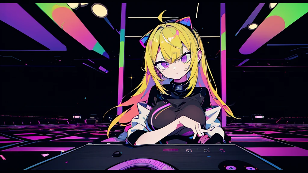 Best quality, (masterpiece:1.2), best detail face, 1 girl, big breasts, 18 yo, 8k,absurdres,unity 8k wall paper,(extremely detailed:1.3), highest realistic, (soft neon light:1.1), (floating hair:1.2), (psychedelic:1.2), ((The space where RAVE is taking place)), A space filled with music equipment, A lazy, annoying attitude, Light clothing in summer, dark color palette, blonde mesh hair color, You can see the whole room
