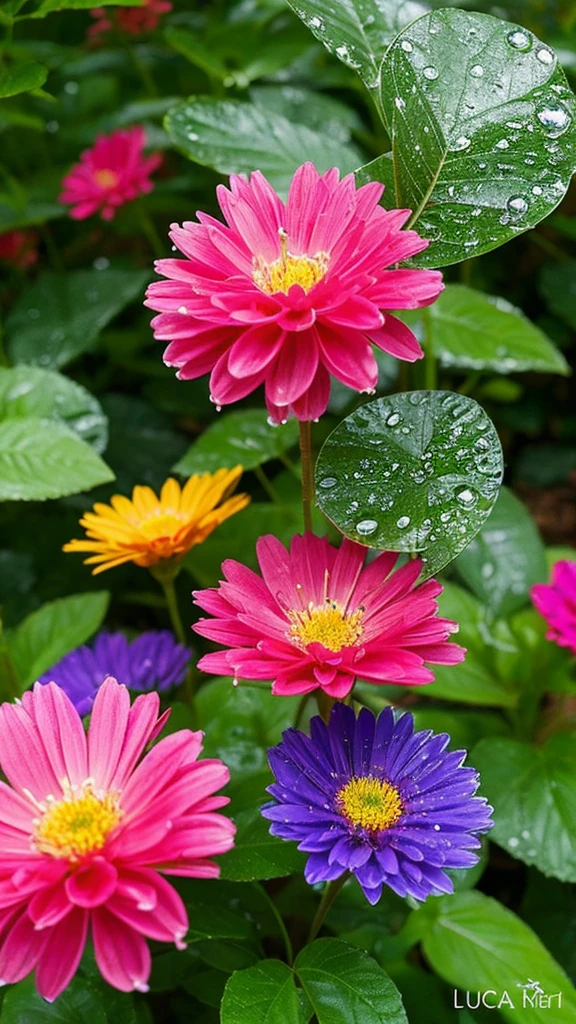 Imagine a vivid close-up, Unusual flowers, The petals spread out in vibrant colors like a kaleidoscope. Dewdrops on the surface reflect the surrounding environment, Make something small, The world reflected in each drop of water. The flowers stand out against a lush, blurry background, Tropical Garden. The scene is brought to life in a vibrant and dynamic digital art style., Inspired by the artistic vision of Luca Martel.