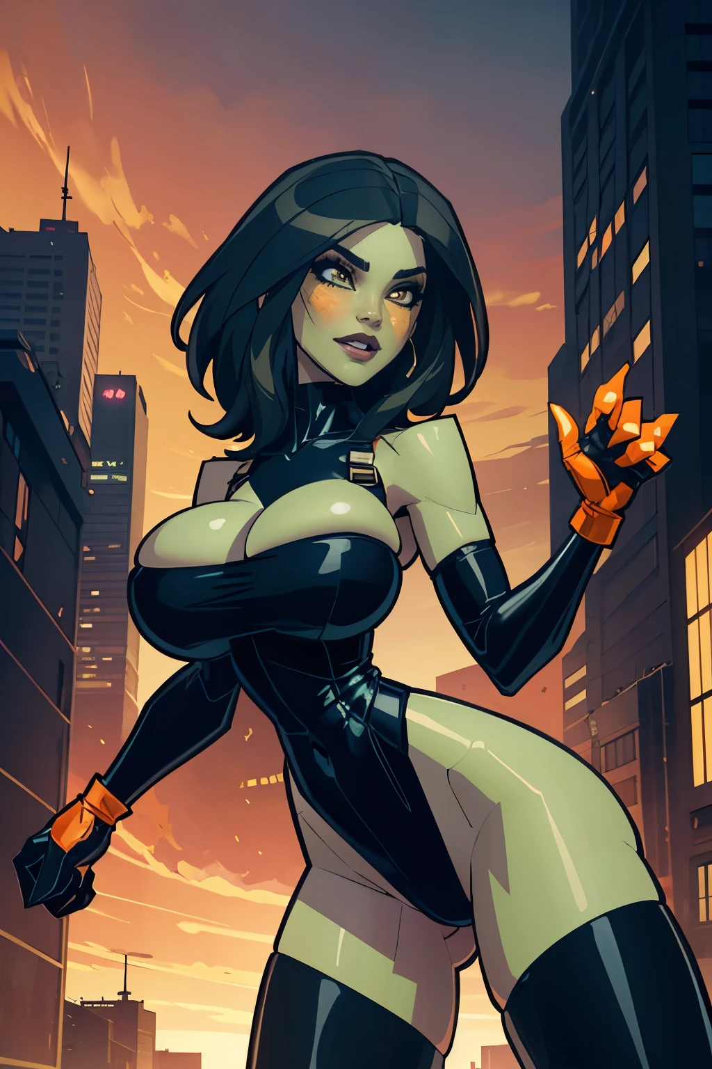 A gorgeous Latina superheroine mutant with short black hair, green skin, scaly skin, golden eyes, wearing a (black and orange leotard, thigh-high boots, long gloves).  Fire powers.  Big breasts, wide hips. pleasant expression. Detailed background, blue skies, sunset, city.