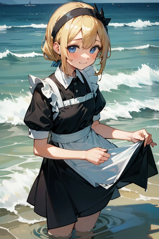 ((high resolution)), Maid clothes, White apron, Headband, 白と黒のMaid clothes, (Fashionable clothes)gothic dress sea, Waveうち, Wave, water, water遊び, ((Even my clothes are wet 1.1))
服もwaterに浸かっている, waterに浸かっている, water浸し, Soaking wet and cute, smile, Blonde, Blue Eyes, Soaking wet, (water滴, Soaking wet 1.1), 深いwater, waterが滴る