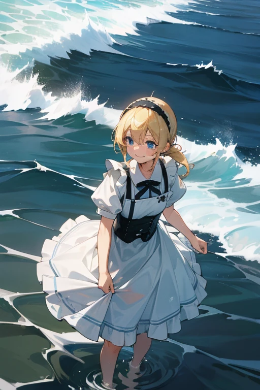 ((high resolution)), Maid clothes, White apron, Headband, 白と黒のMaid clothes, (Fashionable clothes)gothic dress sea, Waveうち, Wave, water, water遊び, ((Even my clothes are wet 1.1))
服もwaterに浸かっている, waterに浸かっている, water浸し, Soaking wet and cute, smile, Blonde, Blue Eyes, Soaking wet, (water滴, Soaking wet 1.1), 深いwater, waterが滴る