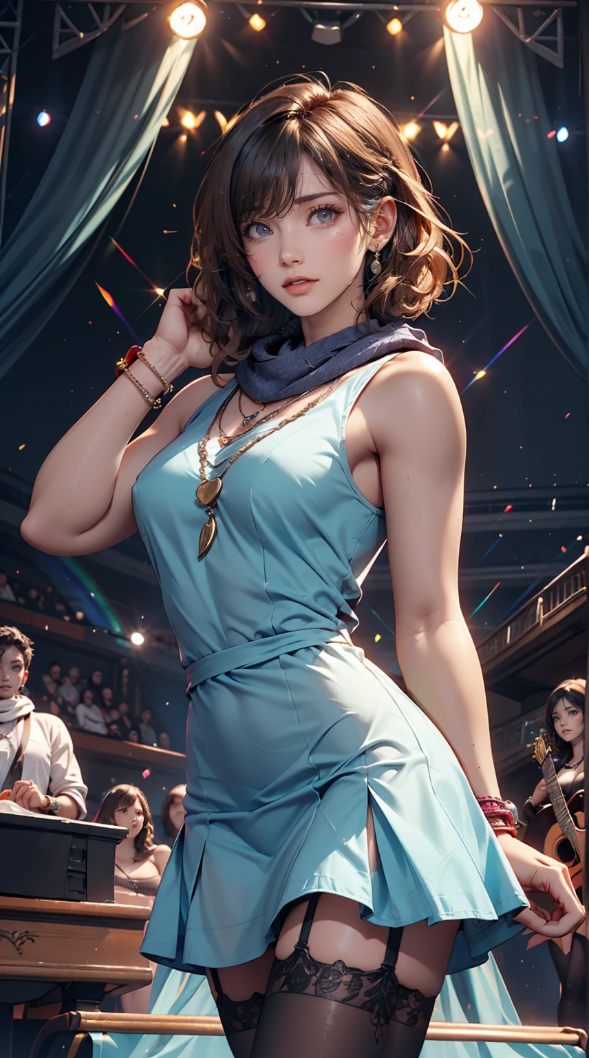 24-year-old woman、Sexy proportions、Sexy、Narrow waist、Attach a necklace、Wear accessories on your wrist、Natural curls((wavy hair))、Shortcuts((short hair))、hair scarf((hair scarf))、Rainbow Hair((rainbow hair))、Mini Charleston Dress((Charleston dress))wear、Wearing stockings、Wear stiletto heels、Concert Stage、In the spotlight