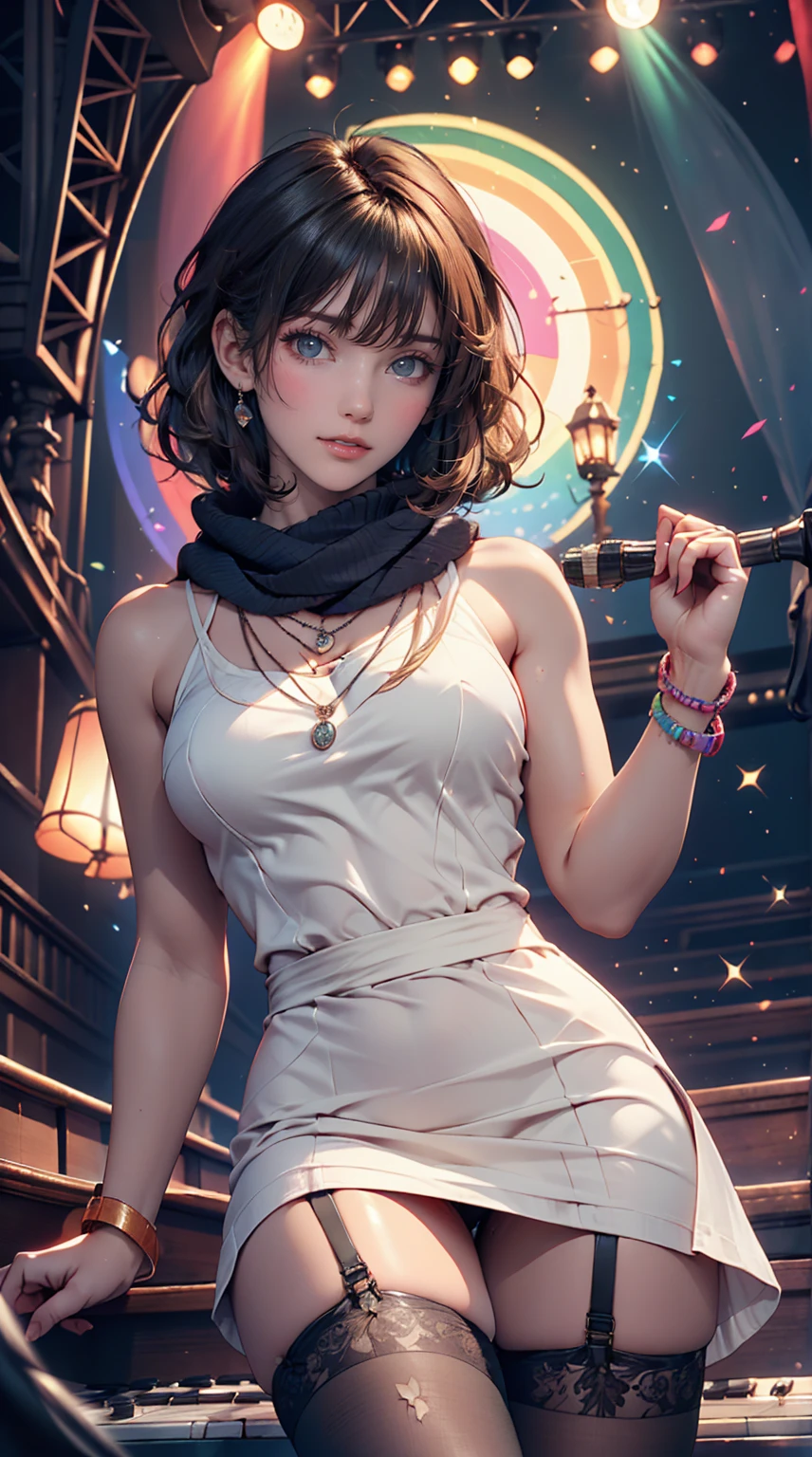 24-year-old woman、Sexy proportions、Sexy、Narrow waist、Attach a necklace、Wear accessories on your wrist、Natural curls((wavy hair))、Shortcuts((short hair))、hair scarf((hair scarf))、Rainbow Hair((rainbow hair))、Mini Charleston Dress((Charleston dress))wear、Wearing stockings、Wear stiletto heels、Concert Stage、In the spotlight