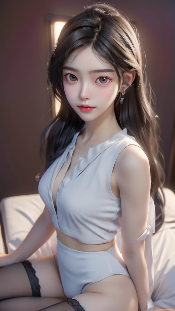 (Ultra Realistic), (High Resolution), (8K), (Very Detailed), (Beautiful and Detailed Eyes), (Best Quality), (Ultra Detailed), (Masterpiece), (Wallpaper), (Detailed Face), Solo, Woman, Lookout, Detailed, Face, Dark, Deep Shadow, Low Key, Smile, Bust, Transparent Underwear, Mekosuji, Body Hair, Pubic Hair, Armpit Hair, Long Legs, Thin Waist, Buttocks, Ultra Fine Makeup, Woman lying in bed in long-stay suit with ultra fine clothes, seductive woman, beautiful attractive woman, highly detailed artgerm, ig model | Photo, Realistic, Live Action - (Realistic lighting, Top Quality, 8K, Masterpiece: 1.3)), Clear Focus: 1.2, 1 Girl, Perfect Beauty: 1.4, Slim Abs: 1.1, ((Long Dark Brown Hair, Big: 1.2)), (Full Leg Stockings: 1.2, Mesh White Panties), (Outdoor, Night: 1.1), City Street, Super Slender Face, Narrow Eyes, Double eyelids, hands on the head, open legs, facing the camera, facing the camera, top quality, masterpiece, ultra high resolution, (photorealism: 1.4), raw photo, 1 girl, darkness, deep