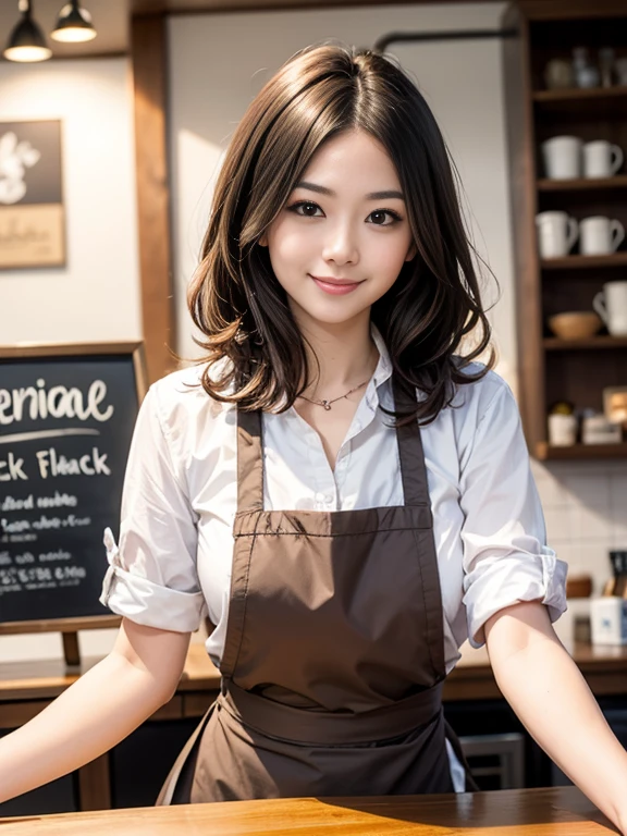 Woman working in a café, 30 years old,Mature Woman,Nao Kosaka,Smile,Slender figure,uniform,Black Apron,Light brown hair,Medium Hair