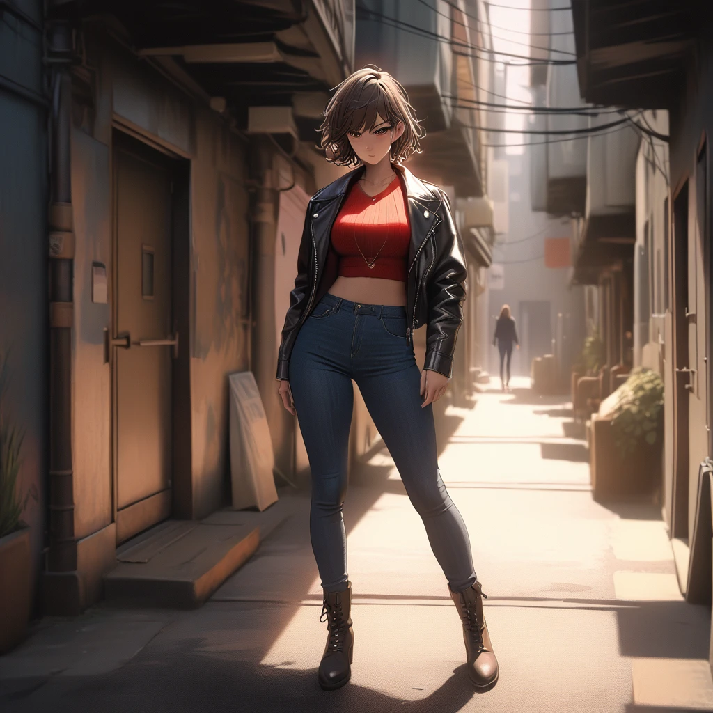 (best quality, 8k, masterpiece, highres, ultra-detailed), photorealistic, Tsukasa Hojo style, rebellious woman, leather jacket, denim jeans, boots, standing, dark alleyway,  delicate features,  soft shadows,  defiant expression,  wild eyes,  subtle details,  no exaggerated features,  realistic skin,  minimalistic background,  low-key lighting,  film grain.