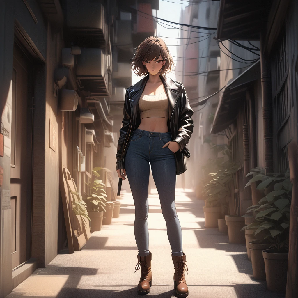 (best quality, 8k, masterpiece, highres, ultra-detailed), photorealistic, Tsukasa Hojo style, rebellious woman, leather jacket, denim jeans, boots, standing, dark alleyway, delicate features, soft shadows, defiant expression, wild eyes, subtle details, no exaggerated features, realistic skin, minimalistic background, low-key lighting, film grain.