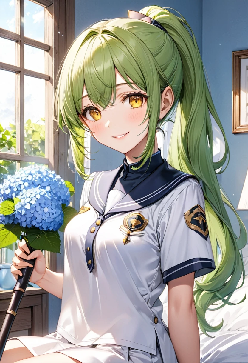 (close up face) (15 yo, solo ponytail green hair long hair divine axe fighter girl, cute cool yellow eyes, love smile, medium tits), (in a summer maide uniform), break, (in the simple bedroom, background Through the window, out side A cluster of hydrangeas), BREAK, perfect ???????, masterpiece, best quality, 16k, beautiful detailed grow, daydreaming expression.