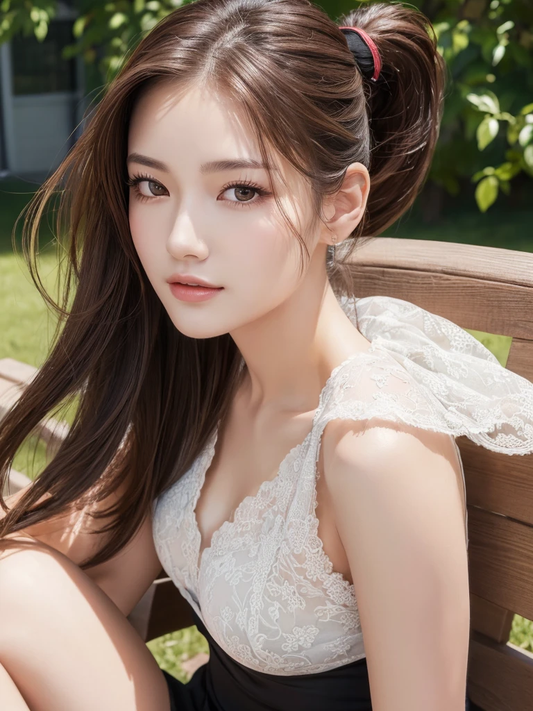 (Best quality, High resolution, Masterpiece :1.3), A tall and pretty woman with slender figure, (Dark brown hair styled in ponytail), Wearing , Outdoor, Sitting on bench, Details exquisitely rendered in the face and skin texture, Detailed eyes, Double eyelid