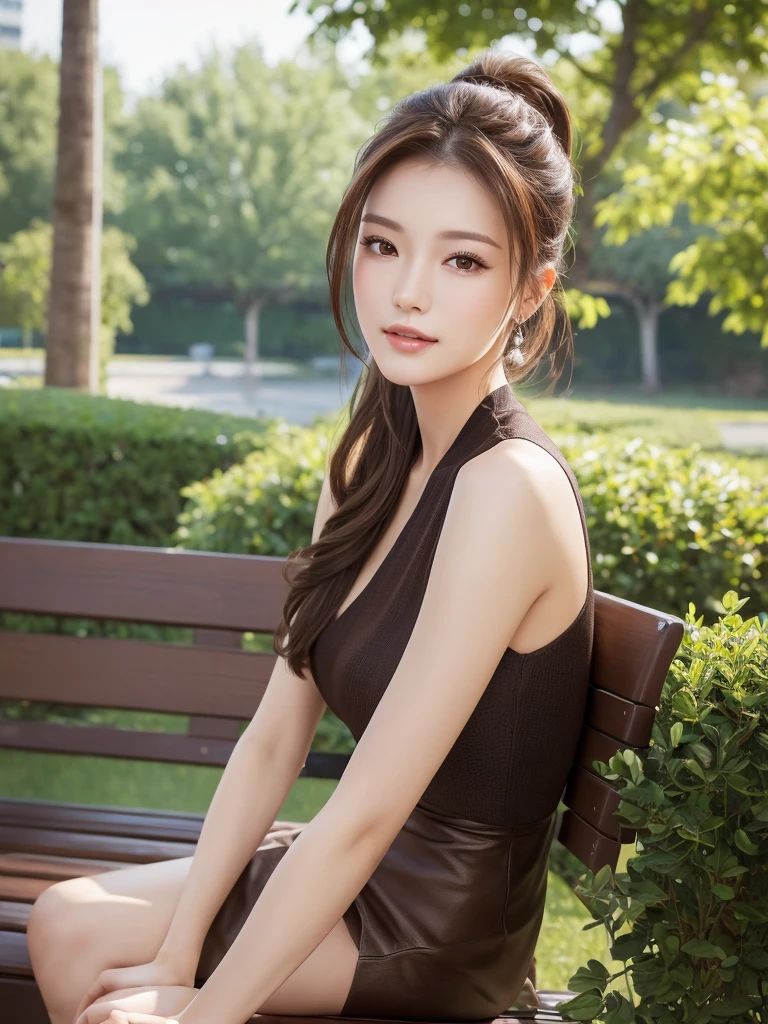 (Best quality, High resolution, Masterpiece :1.3), A tall and pretty woman with slender figure, (Dark brown hair styled in ponytail), Wearing , Outdoor, Sitting on bench, Details exquisitely rendered in the face and skin texture, Detailed eyes, Double eyelid