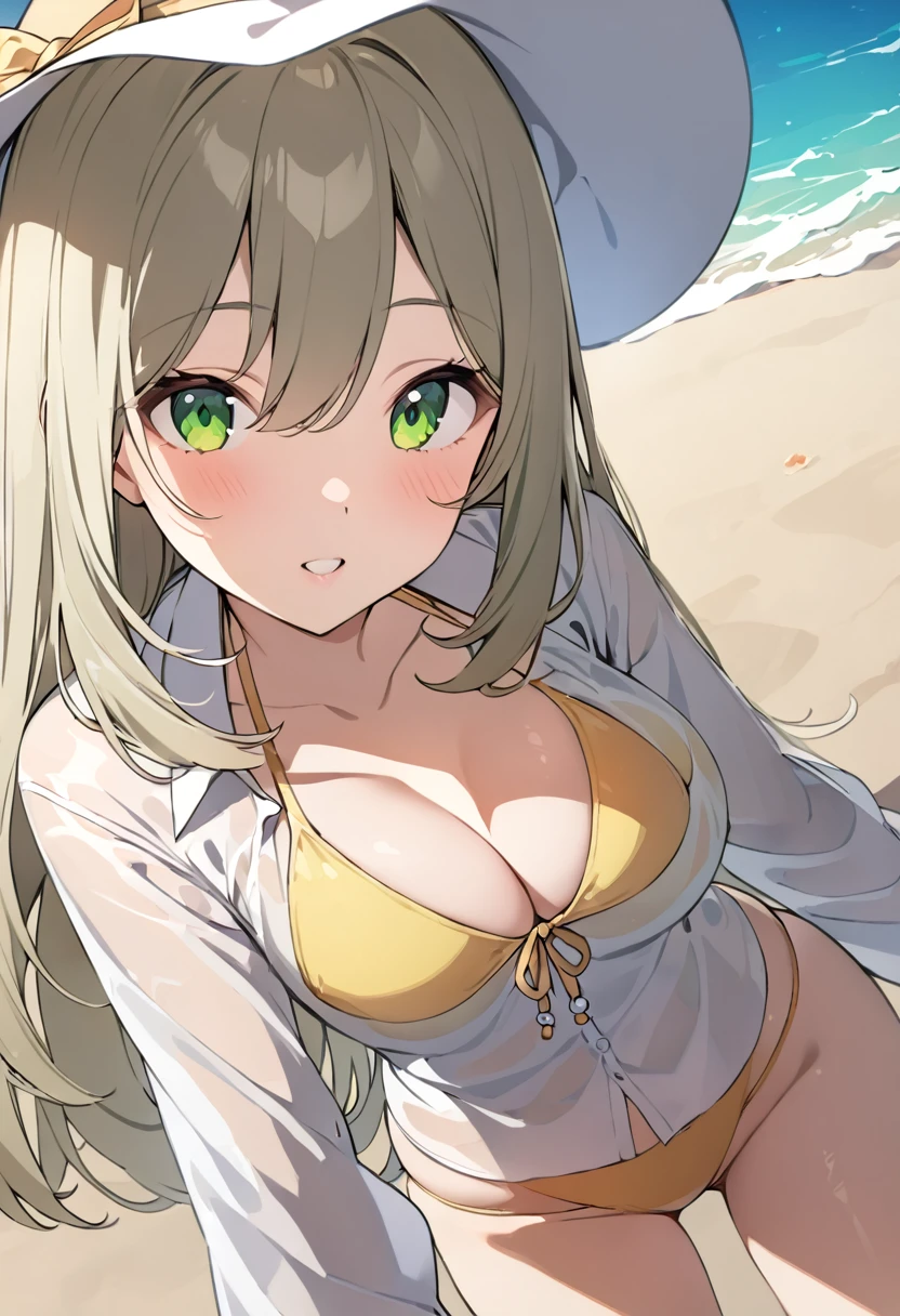 (A superb beautiful girl), 8k, Ultra high resolution, (masterpiece:1.2), (best quality, finely detailed beautiful eyes), extremely delicate, solo, real light and shadow, (shoot from front), teenager, nonomi, BREAK light green eyes, BREAK (long hair, light Ivory hair:1.3), BREAK (cream yellow bikini swimwear, see through open collar shirt), big hat, BREAK Model pose, beach, summer,