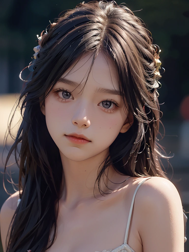 full body, beautiful young angel girl with very short chestnut hair, wearing a white sleeveless one-piece, jumping with detailed summer sky in background, big realistic white wings gimmick, halo, shot from low angle. (Best Quality, 4k, 8k, High Resolution, Masterpiece: 1.2), Ultra Detailed, (Realistic, Photorealistic: 1.37), Intricate and highly detailed face, delicate facial features, expressive eyes, beautiful long eyelashes, cute on-like nose, detailed lips, graceful pose, dynamic movement, natural lighting, warm tones, golden hour, glowing skin, ethereal, heavenly, divine, celestial, alen4_kryukova