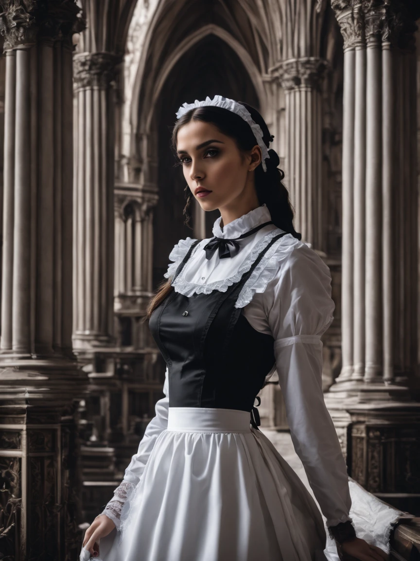 Gothic style beautiful woman, (victorian maid), cathedral . Dark, mysterious, haunting, dramatic, ornate, detailed