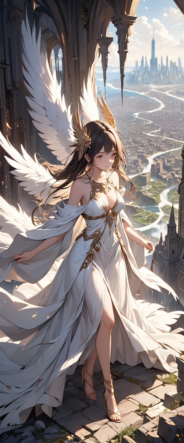 best quality, super fine, 16k, incredibly absurdres, extremely detailed, 2.5D, delicate and dynamic depiction, beautiful goddess, compassionate expression, feathered robes, devastated land and city, magnificent view