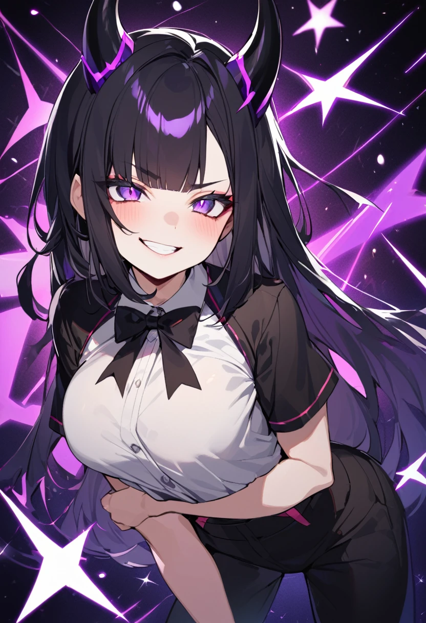 A girl with long black hair with straight bangs, with hair cut at the ends. Two large strands in the front, one bigger than the other. A rebel thread. A small white streak in your bangs. Two demon horns, one purple and one black, both with a dark purple star. one black eye and one purple eye. A purple star on your right cheek. black wide pants. All star shoe. Full white shirt with a bow tie with a star in the middle, with short sleeves. big boobies. Grinning. She is a star demon. She is standing looking at the camera. In one of his eyes a star in the black eye case, in the black eye and just black. Sex girl. Sex girl.