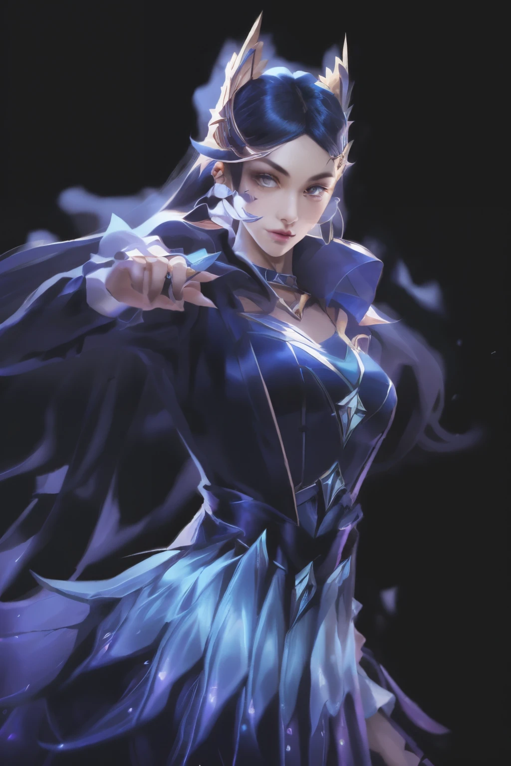 (Surrealism), (illustration), (high resolution), (8K), (Extremely detailed), (best illustration), night ( Chainsaw Man ), (美丽Delicate eyes), (best quality), (Extremely detailed), (masterpiece), (wallpaper), (Delicate face), Solitary, Upper Body, Focus on the face, 1 girl, Black long hair, Korean, Thin eye shadow, Delicate eyes, Brown eyes, There is a small mole under the eye, Long-sleeved shirt, Neck arch,  Small Breasts, Apron Dress, Dynamic poses, Low lighting, night晚, dark, cloud, dark night晚