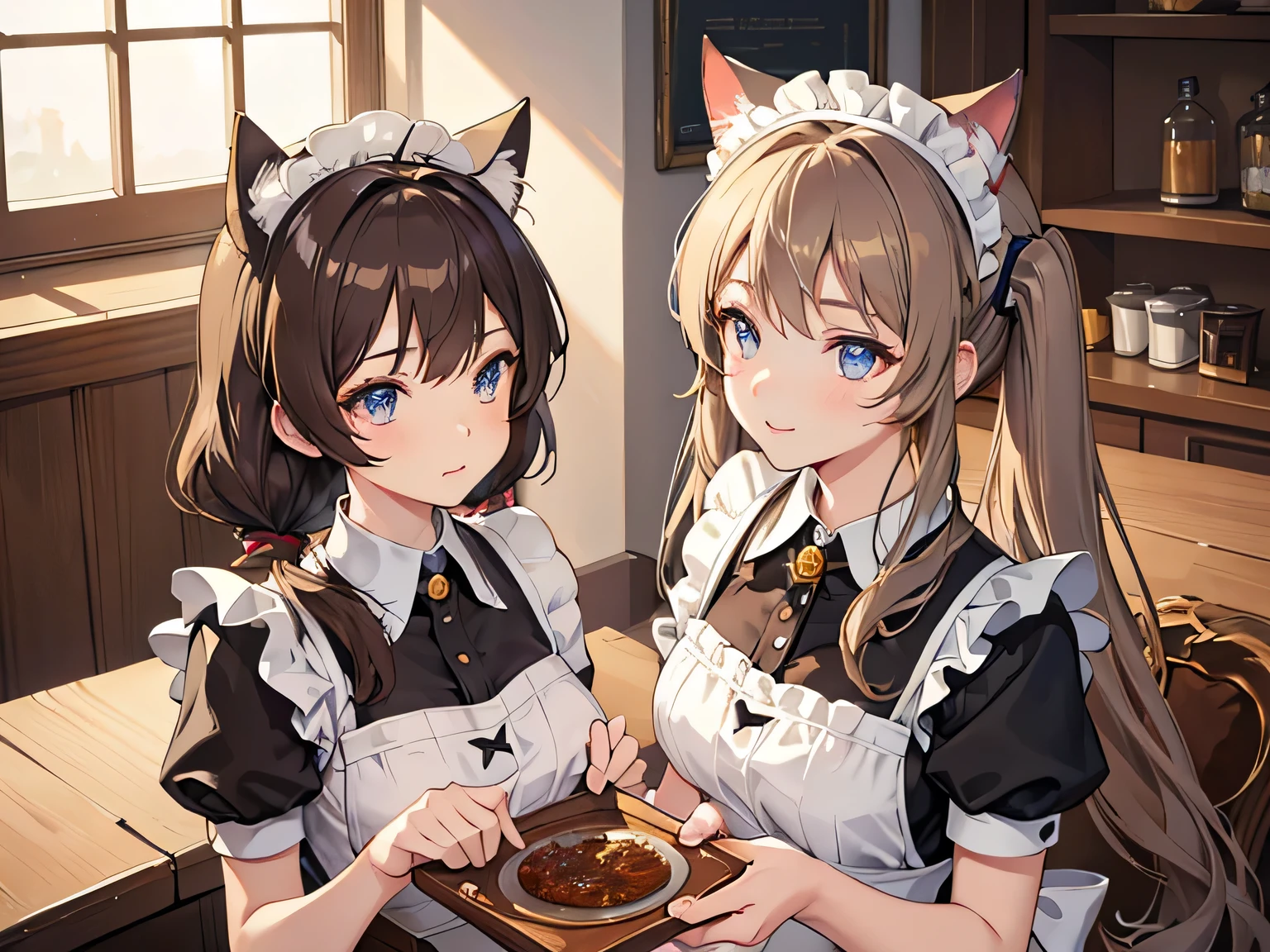 beautiful face, best quality, shiny skin, detailed skin, detailed face, detailed eyes, beautiful lady, light brown hair, low twintails, maid headdress, cat ears, Pop art, best quality, highres, masterpiece, super detail, 8k, Maids working in the palace, maid uniforms, Ruffled Apron