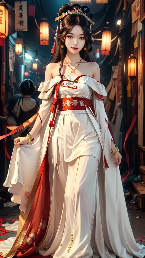 Girl in traditional Chinese clothing, Hanfu ,long black hair, black eyes, black bun hairstyle, hair accessories ,white diamond earrings, Bangle Diameter, Dia Necklace, Clear eyes, Facing forward,put on makeup, Long eyelashes ,(Long shoulder coat:1.5), (long white skirt:1.5), ((Whole body)), ((from below))ฃ, Clear face, , (Very beautiful face, Beautiful mouth, beautiful eyes), detailed face, ((Ultra-fine skin)), In the dark, deep shadows, an ancient Chinese girl (Very slim figure 1.3) ,Plump breasts, sexy slender legs elegant posture (smile brightly) (city night (neon light)) ,(slum:1.5),