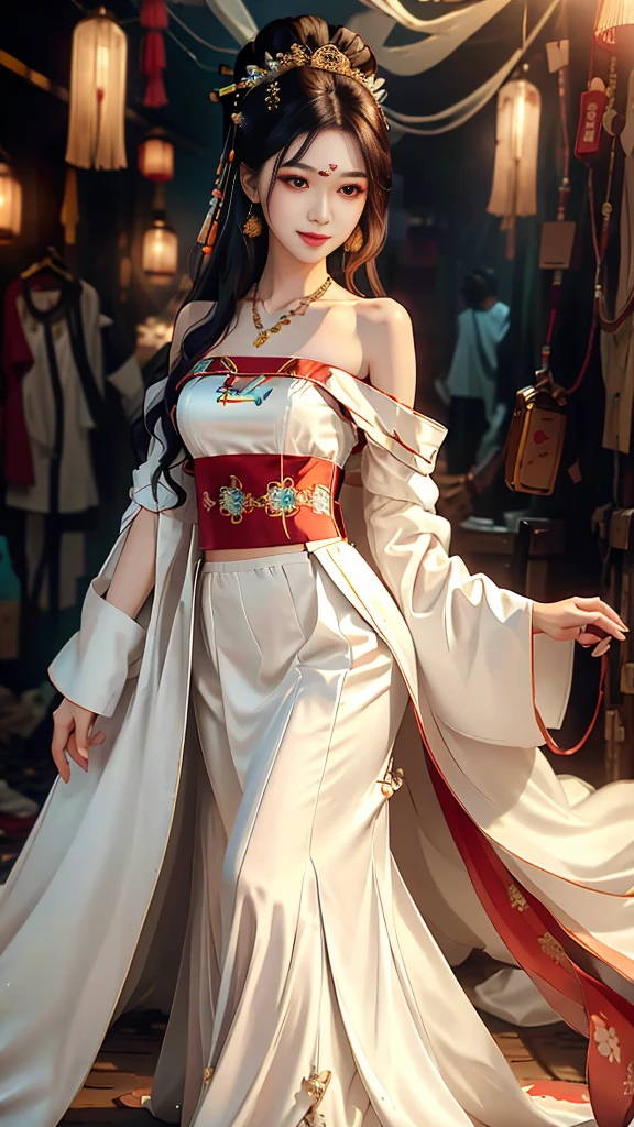 Girl in traditional Chinese clothing, Hanfu ,long black hair, black eyes, black bun hairstyle, hair accessories ,white diamond earrings, Bangle Diameter, Dia Necklace, Clear eyes, Facing forward,put on makeup, Long eyelashes ,(Long shoulder coat:1.5), (long white skirt:1.5), ((Whole body)), ((from below))ฃ, Clear face, , (Very beautiful face, Beautiful mouth, beautiful eyes), detailed face, ((Ultra-fine skin)), In the dark, deep shadows, an ancient Chinese girl (Very slim figure 1.3) ,Plump breasts, sexy slender legs elegant posture (smile brightly) (city night (neon light)) ,(slum:1.5),