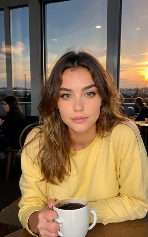 Jolie belle blonde avec un pull jaune (Drinking coffee in a modern cafe at sunset), very detailed, , visage innocent, naturally wavy hair, yeux bleus, high resolution, Chef-d&#39;artwork, Best quality, Intricate details, very detailed, Sharpness, detailed skin, Realistice Hauttextur, texture, detailed eyes, professionnel, 4k, Sourire charmant, prise avec Canon, 85 millimeters, Light depth of field, Kodak Vision Couleur, corps parfaitement ajusté, Extremely detailed, Photo_\(ultra\), fotoRealistic, Realistic, post-traitement, Maximum details, roughness, vrai vie, ultraRealistic, Photorealismus, Photografie, 8K UHD, Photografie