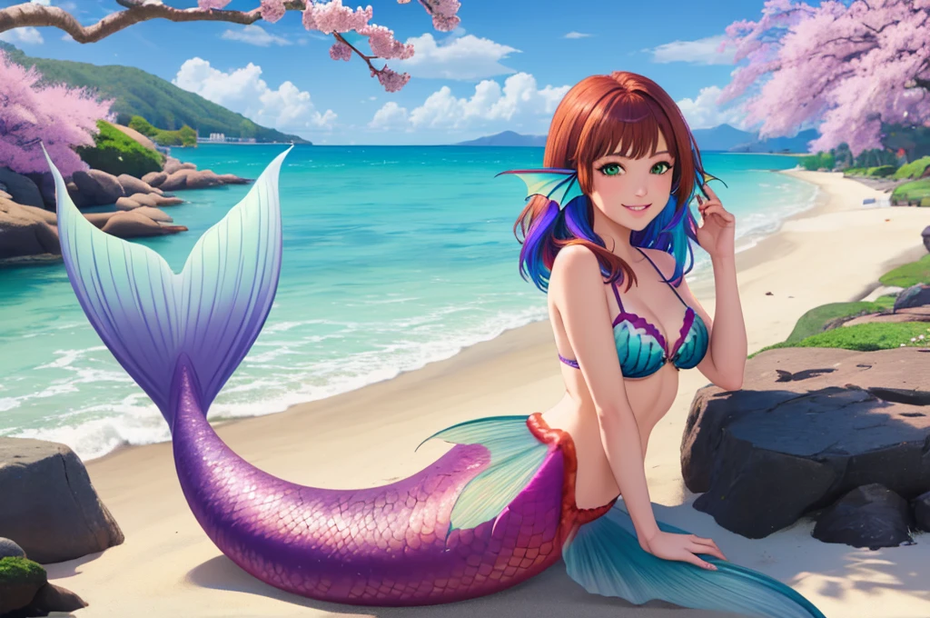 masterpiece, best quality:1.2), 1girl, smile, looking at viewer, green eyes, short brown multicolored hair, mermaid, mermaid girl, wearing purple seashell bra, laying on beach, colorful mermaid tail, outdoors, head fins, fin ears, under cherry blossoms