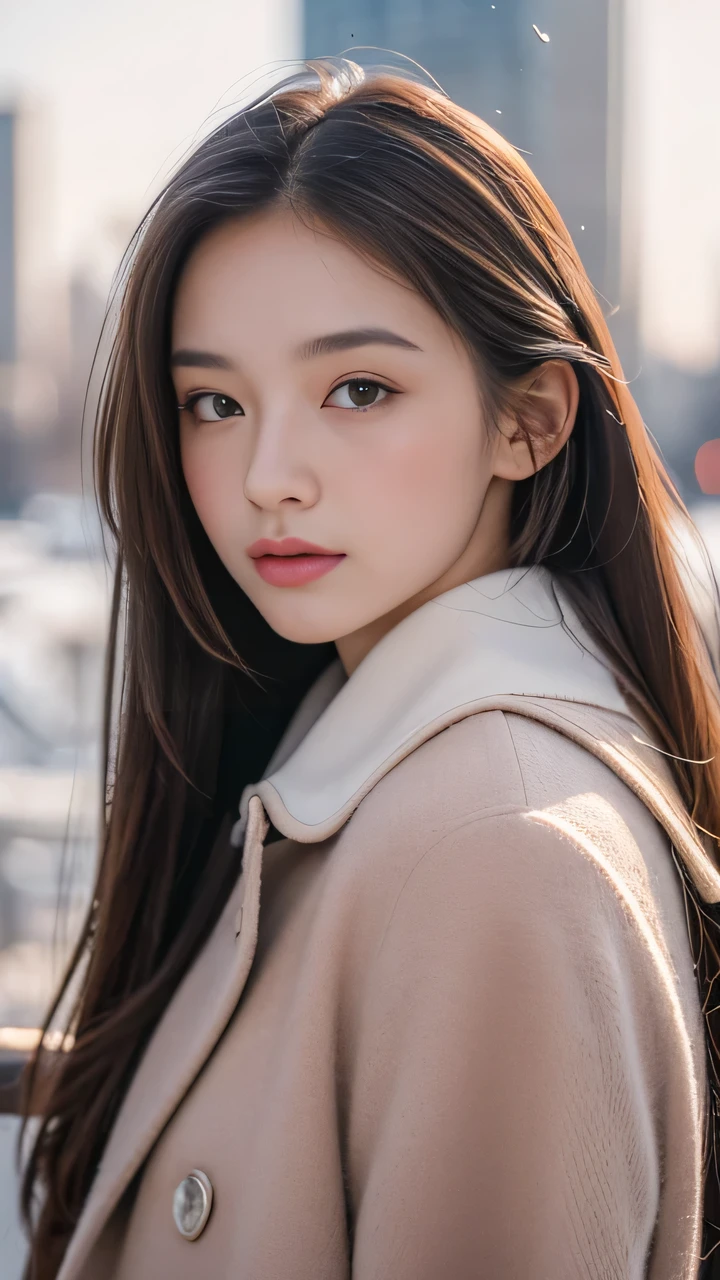 blush,24 years old,winter,European Cityscape,Long hair ponytail,winter clothes,Brown collar coat,Long skirt,Close-up of face,((8K, RAW photos, best quality, Piece Fly:1.2), (Reality, Reality:1.4), (Highly detailed 8K wallpaper), Depth of writing boundaries, light, Soft Light, Detailed eye beautification,#1: Shiny and Sleek Light Brown Ponytail, Asymmetrical bangs, Glowing skin, Super delicate skin ,high resolution, High Detail, Detailed hairstyle, Detailed Beauty Face, 超Reality, Perfect limbs, Perfect anatomical structure ,1 Japanese girl,Famous Japanese idols, Perfect female body,Shy laugh,Short eyelashes,Double eyelids,Look here directly,Hairstyle is ponytail,