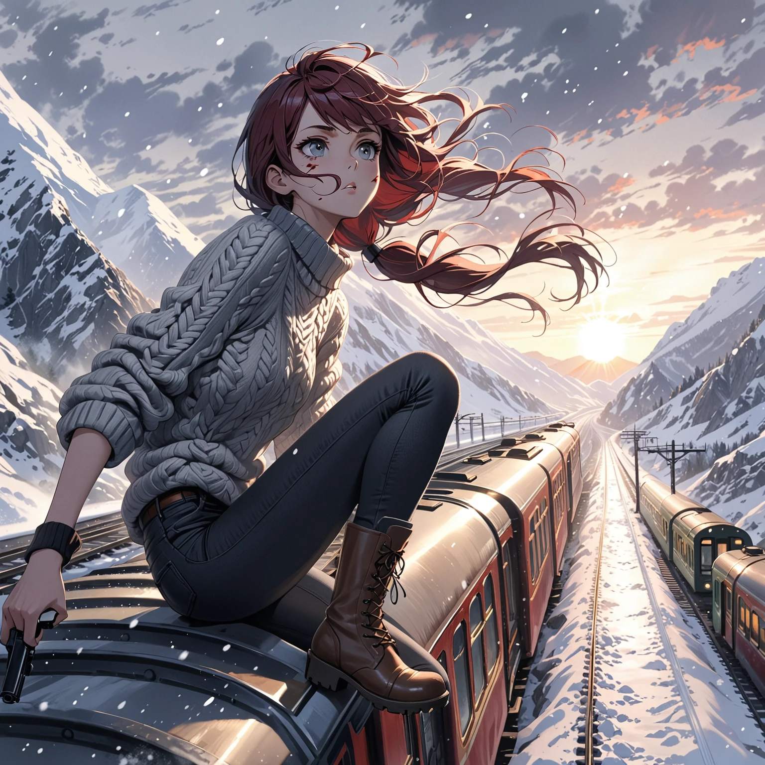 Best quality, masterpiece, ((character focus, stoic, close up, looking to the side)), young woman ((crouched atop roof of moving train)), hair blowing in wind, blood on face, holding pistol up, gray eyes, dark red hair in low twin tails, swept bangs, knitted sweater, black jeans, boots, windy, snow flurries, overcast, from side, mountains, railroad tracks cutting through mountains, tunnel ahead, sunrise, 