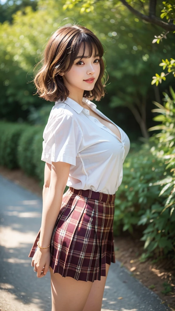 nsfw, 8K raw photo, Best quality, masterpiece, ultra high res, film grain, filmg, 1girl, looking at viewer, natural skin texture, realistic eye and face details, full lips, lipstick, (makeup), red eyeshadow, fluffy short hair, messy hair, smile, close mouth, beautiful legs, tall female, skinny, slim_legs, solo, enormous breast, cleavage, Pose with buttocks facing you, ultra short skirt, ass, shirt, beautiful nature location, around flower location, (detailed background), plaid skirt, white shirt, enormous breast, cleavage, Show a little cleavage through the shirt, loafers, blurry background, blurry, holding, plaid, short sleeves, jk ribbon on the neck, jk ribbon, brown hair, bracelet, water, bangs, , jewelry, parted lips, lips, from side, pleated skirt, depth of field