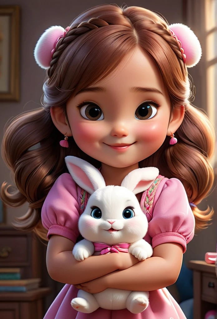 (masterpiece), (best quality), illustration, super detailed, high dynamic range, depth of field, (colorful), fat 6 year old girl, holding a pink rabbit doll (doll is held very tightly) indonesia , ball head upside down braid，Very round face,small mouth,Sparkling eyes,smiling,Coquettish look,Cute personality,Innocent and adorable,Very beautiful,Cartoon,comic,Pixar