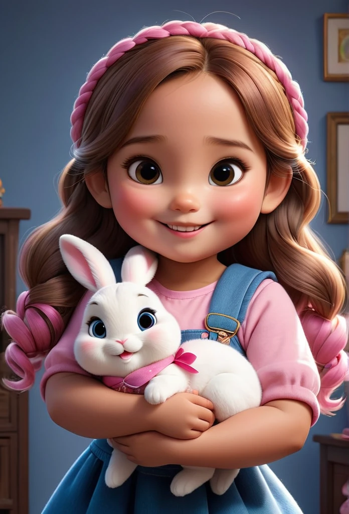 (masterpiece), (best quality), illustration, super detailed, high dynamic range, depth of field, (colorful), fat 6 year old girl, holding a pink rabbit doll (doll is held very tightly) indonesia , ball head upside down braid，Very round face,small mouth,Sparkling eyes,smiling,Coquettish look,Cute personality,Innocent and adorable,Very beautiful,Cartoon,comic,Pixar