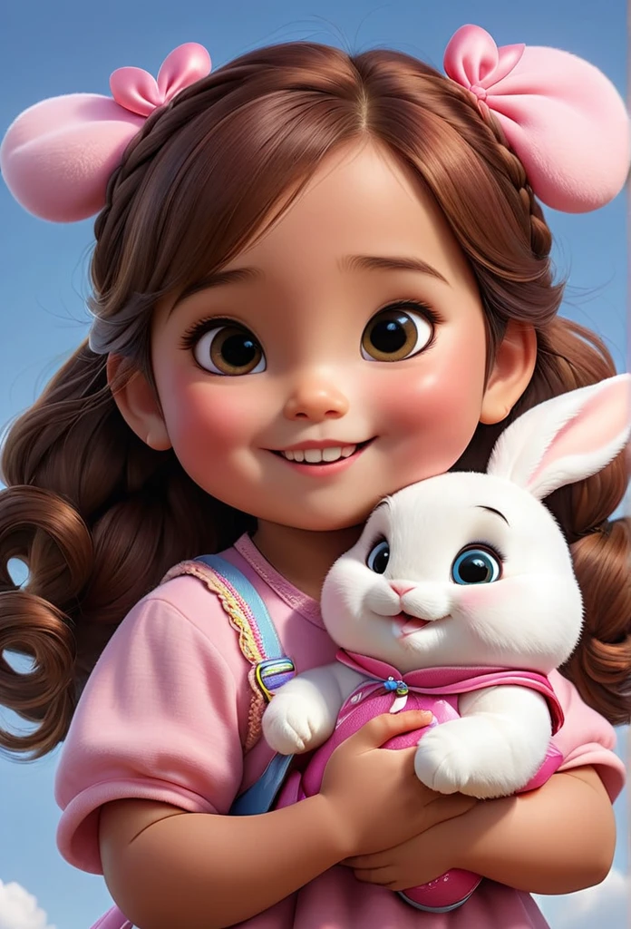 (masterpiece), (best quality), illustration, super detailed, high dynamic range, depth of field, (colorful), fat 6 year old girl, holding a pink rabbit doll (doll is held very tightly) indonesia , ball head upside down braid，Very round face,small mouth,Sparkling eyes,smiling,Coquettish look,Cute personality,Innocent and adorable,Very beautiful,Cartoon,comic,Pixar