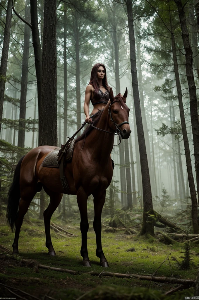 Fantasy Female centaur, standing in a wooded clearing, cinematic, trending on artstation, Greg Rutkowski, matte painting