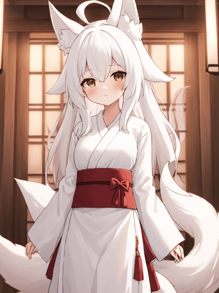 1girl, solo, long white hair, brown eyes, adult, narrow eyes, mature, nine-tailed Kitsune, kemonomimi, nine tails, fox ears, white Kimono dress with red sash, light blush, fair-skinned, looking_at_viewer, indoors