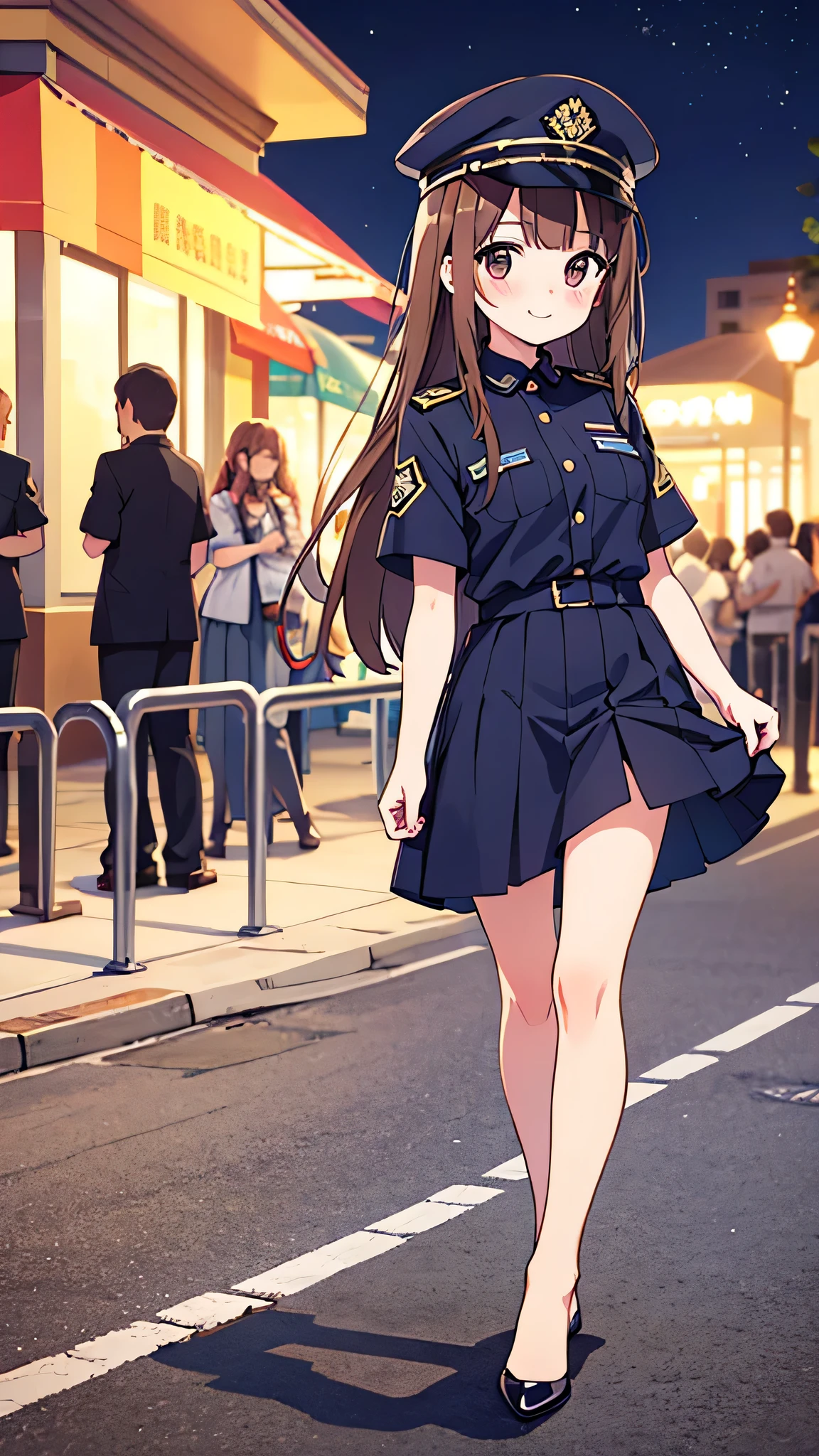 {Highest quality], [Super beautiful], [Ultra fine], [Best illustration], NSFW,Brown Hair, Hime cut, Long Hair, With bangs, girl, Uniform cap,Security uniform, smile, blush, Slender women,Short sleeve,Long straight skirt, Adult women,walk,(Public）Night Park, diagonal,Bare feet and pumps, Plain black pumps