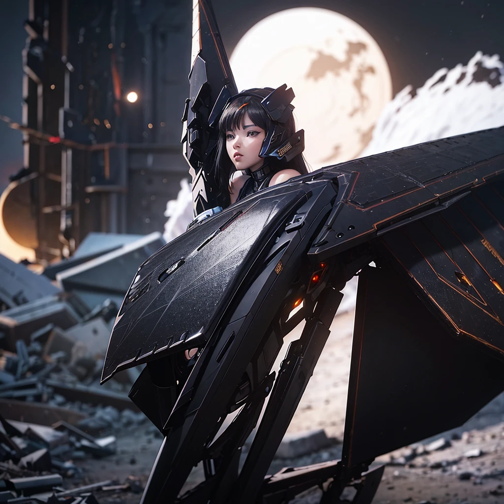 female mecha wings of angel, in black armor, in a destroyed city, the night, with an eclipse in the background