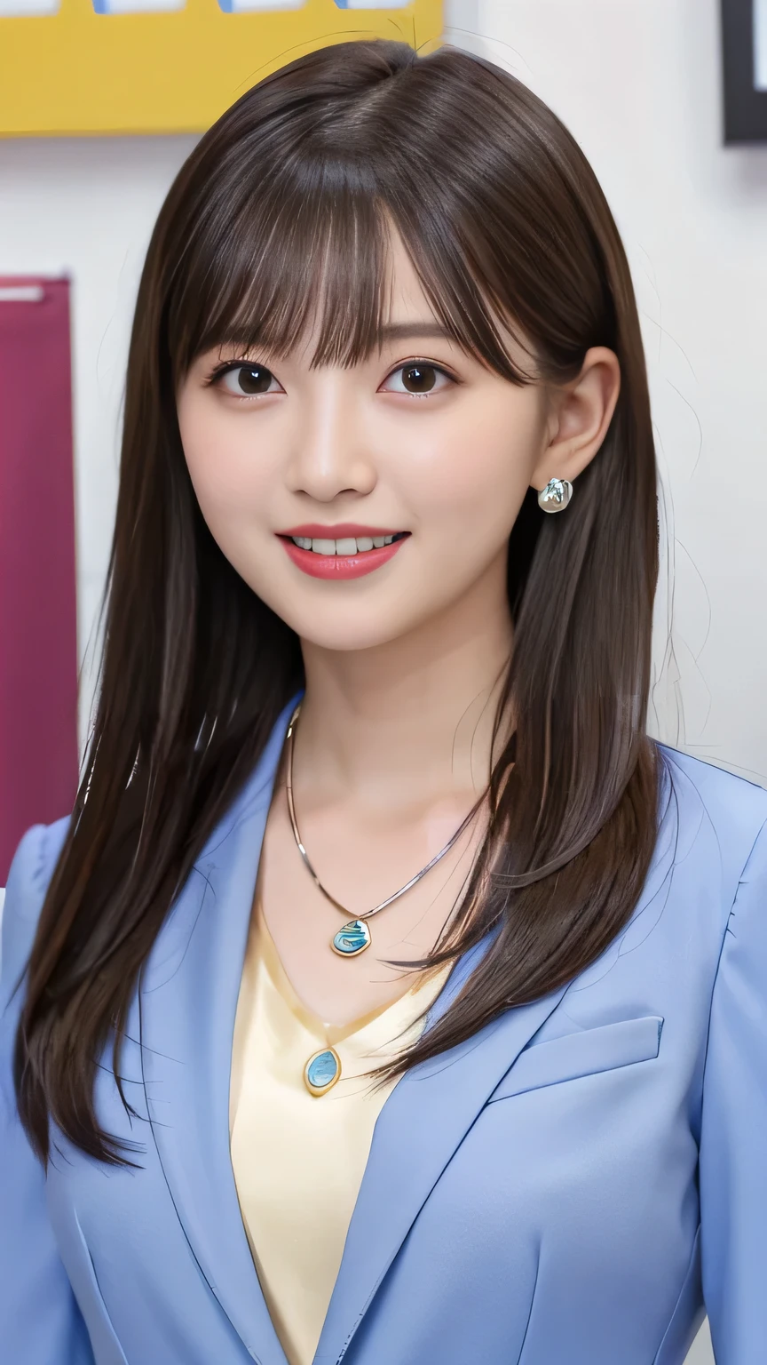 Highest quality:1.2), RAW Photos, High resolution, Very detailed, Intricate details, 、ear piercing、smile、Emphasis on teeth、Black Hair、hairstyle semi long、 (Front view, ), Clear beauty, Upper Body, (High quality fabric, Office Lady Suit 、 Necklace around the neck