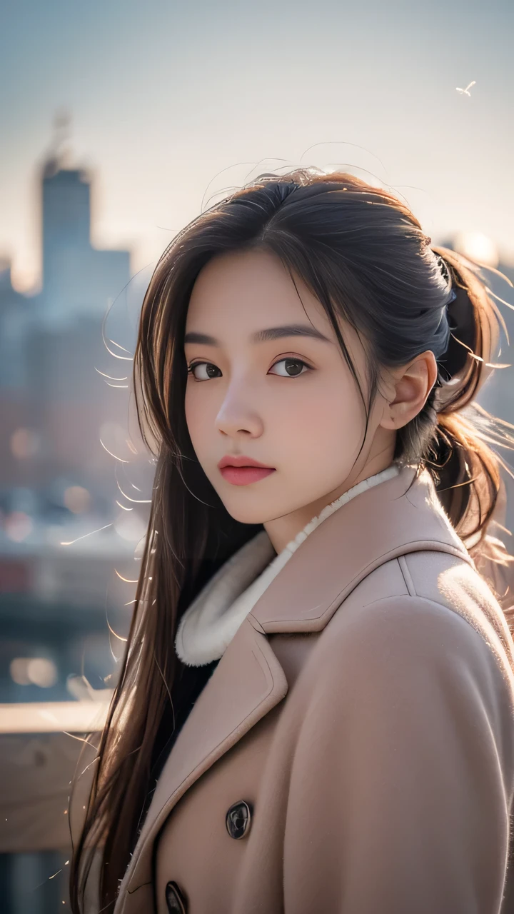 blush,24 years old,winter,European Cityscape,Long hair ponytail,winter clothes,Brown collar coat,Long skirt,Close-up of face,((8K, RAW photos, best quality, Piece Fly:1.2), (Reality, Reality:1.4), (Highly detailed 8K wallpaper), Depth of writing boundaries, light, Soft Light, Detailed eye beautification,#1: Shiny and Sleek Light Brown Ponytail, Asymmetrical bangs, Glowing skin, Super delicate skin ,high resolution, High Detail, Detailed hairstyle, Detailed Beauty Face, 超Reality, Perfect limbs, Perfect anatomical structure ,1 Japanese girl,Famous Japanese idols, Perfect female body,Shy laugh,Short eyelashes,Double eyelids,Look here directly,Hairstyle is ponytail,