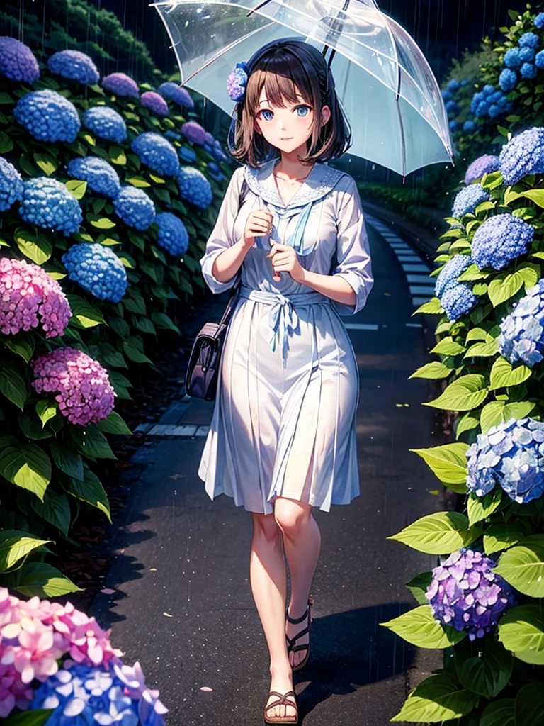 Highest quality,Highest Resolution,rainy season,A road lined with hydrangeas,High school girl walking with an umbrella,