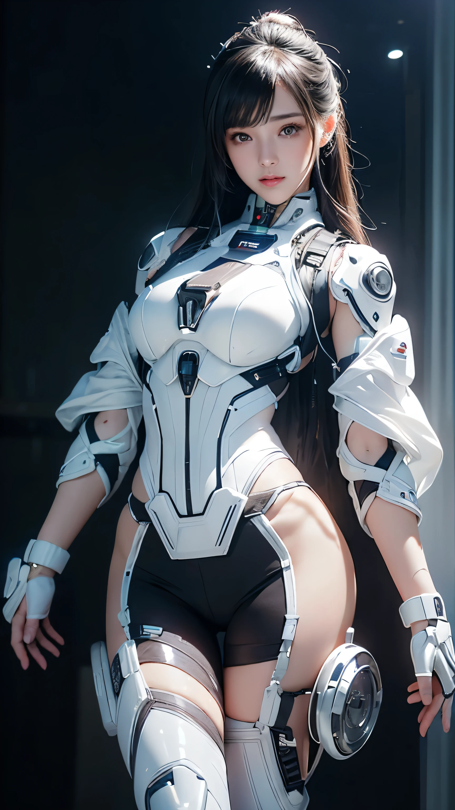 Japanese women、23 years old、Standing pose、Like the whole body、Moderately sized bust、(((A white synthetic cybernetic suit that covers the body to the bare minimum.、Non-lumpy arm cover、Leg protector、Steampunk details、)))、((Exposure of the abdomen and thighs))、((Transparent Panty House))、beautiful chestnut hair、 Detailed skin texture, Detailed cloth texture, Beautifully detailed face, Looking into the camera、double eyelid、Shining Eyes、Laughter、Perfect Ass、Intricate details, Ultra-detailed, Soft rays of light、Cinema Lighting、Shining Eyes、Glowing Skin、Realistic、The perfect woman、Narrow waist、Seductive posture、Sexy pose、Very delicate and beautiful、Highest quality、Beautiful detailed girl、Beautiful Eyes、Facial Light、Soft Light、Cinema Lighting、Dark Background、See through、Realistic facial expressions