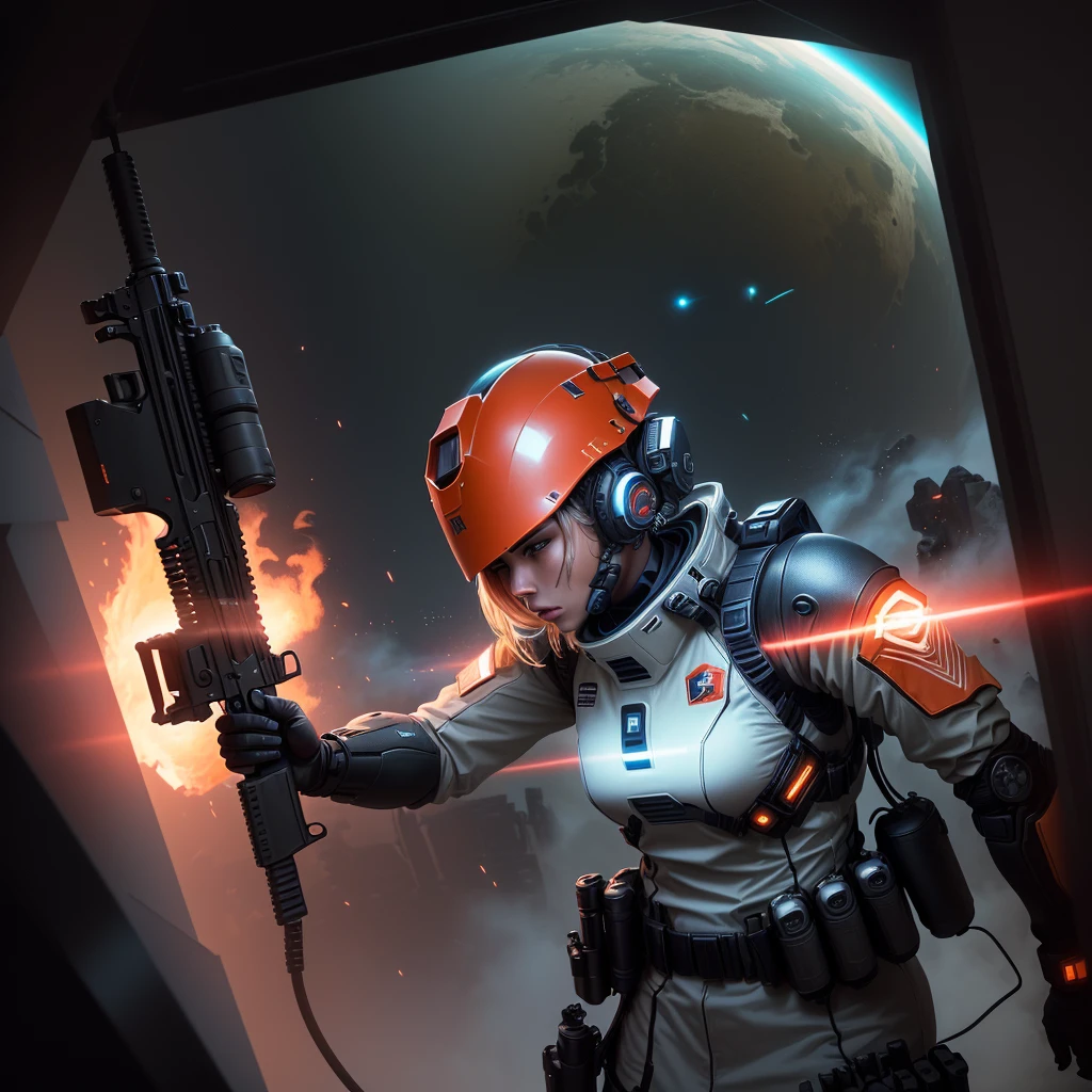 a close up of a person holding a gun near a fire, futuristic soldier, sci-fi soldier, futuristic battlefield, space soldier on mars with a gun, clothed in sci-fi military armor, fps game concept art, epic scifi character art, epic sci - fi character art, epic sci-fi character art, detailed sci-fi art, modern concept art