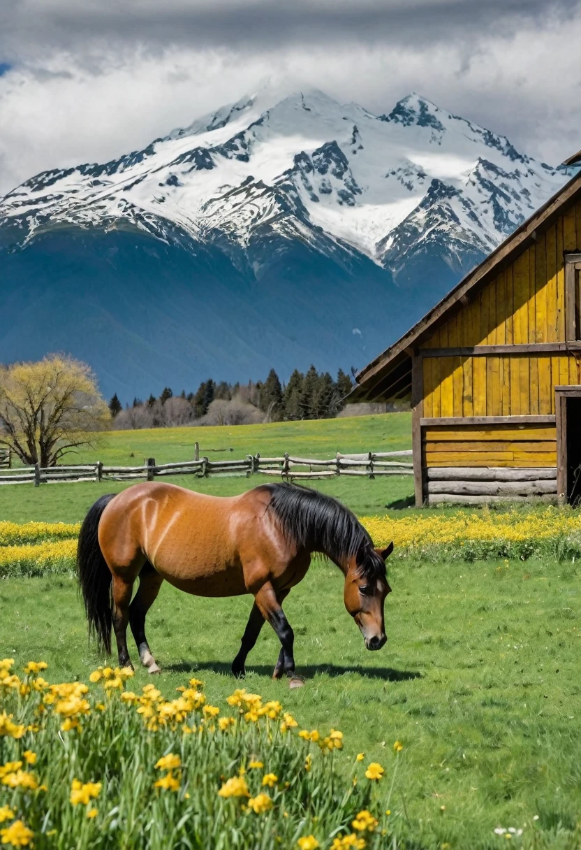 A brown wooden barn with a green roof in a lush green field of yellow flowers. There is a horse grazing in the foreground and snow-capped mountains in the background. The barn is made of wood and has a large door in front. The roof is green and has a slight坡度. The field is full of yellow flowers and there is a small stream running through it. The horse is brown and has a black mane and tail. It is grazing on the grass and looking at the camera. The mountains in the background are covered in snow and there are clouds in the sky. The image has a warm and inviting atmosphere.
