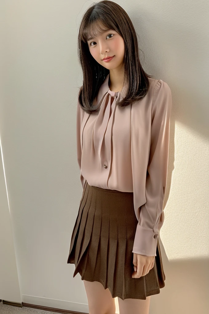 nsfw, (panty shot:1.3),(wearing ,blouse,mini skirt:1.3), stand on one's feet, (skirt lift up:1.3) ,show of panties,small breasts, (from below:1.4), full body shot,(Top quality, 1 beautiful Japanese woman, teen,high school student,(18 years old),medium hair, brown hair, Ultra-realistic capture, Highly detailed, High resolution 16k close-up of human skin. Skin texture must be natural, With such detail that pores can be finely identified. Skin should look healthy, In a uniform tone. Use natural light and color,