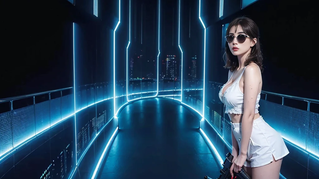 (Raw photography, 4K, masterpiece, hight resolution, very intricate), (Photorealsitic:1.4), Cinematic Lighting, (((((at night))))), (((1Girl, solo))), solofocus, Wet, full body Esbian,large breasts, Chest exposed, cleavage of the breast, wide open ass, pubic hair, Slim waist, eyes are brown, ((masterpiece:1.2)), top-quality, top-quality, Official art,the Extremely Detailed CG Unity 8K Wallpapers, artbook, a picture, (Brown hair long hair), Hair disheveled, aerial view of cyberpunk city, Expressive Hues, Vibrant Palette, B deficiency and white clothes, (((matrix style black micro sunglasses))), (((aiming with a short gun))), (((looking at camera))), (((very low view))).