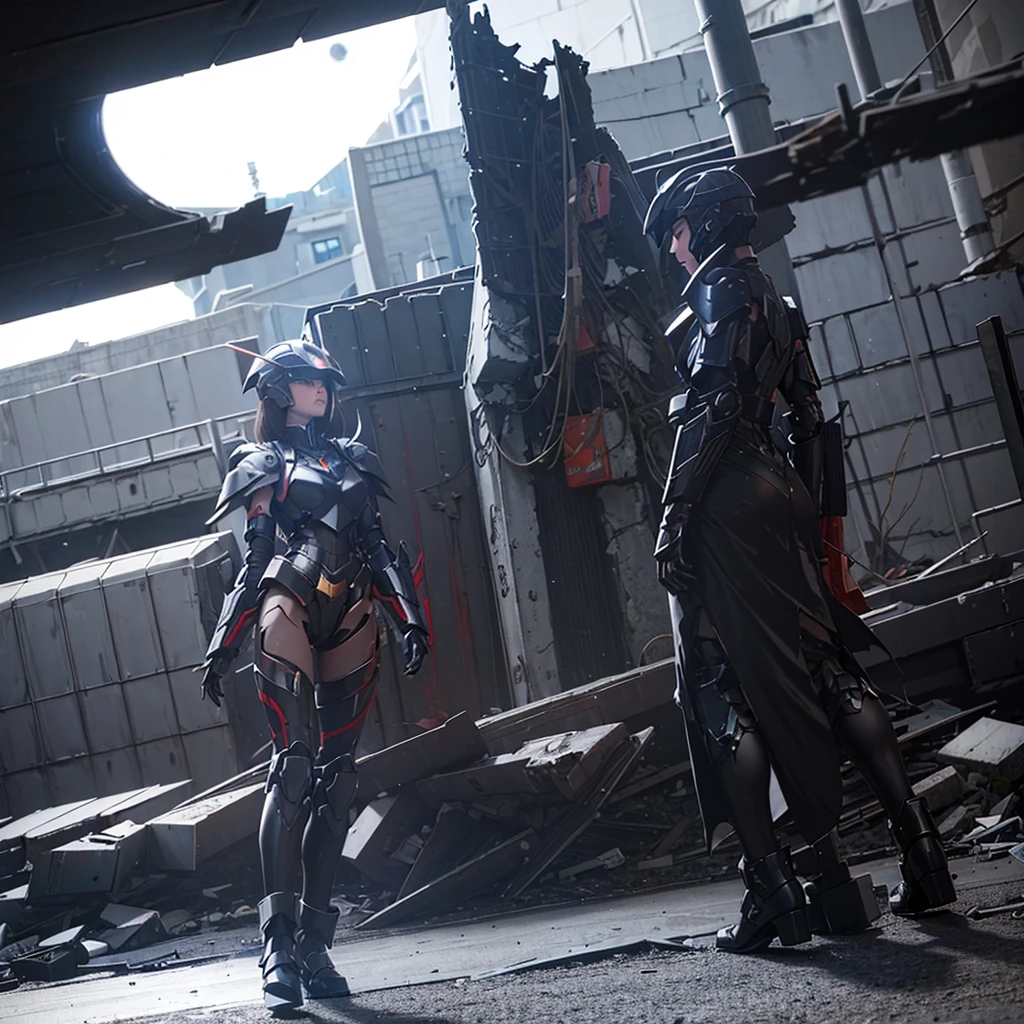 female mecha wings of angel, in black armor, in a destroyed city, the night, with an eclipse in the background