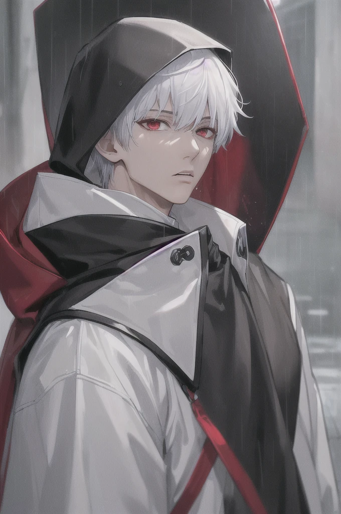 kk, best quality, more details, masterpiece, 1boy, kaneki ken, portrait, male focus, red eyes, solo, bangs, looking at viewer, hood, short hair, rain, tokyo tokyo \(city\),  hood up, nail polish, white hair, luxurious, 8k, detailed, ray tracing, depth of field, cinematic lighting,