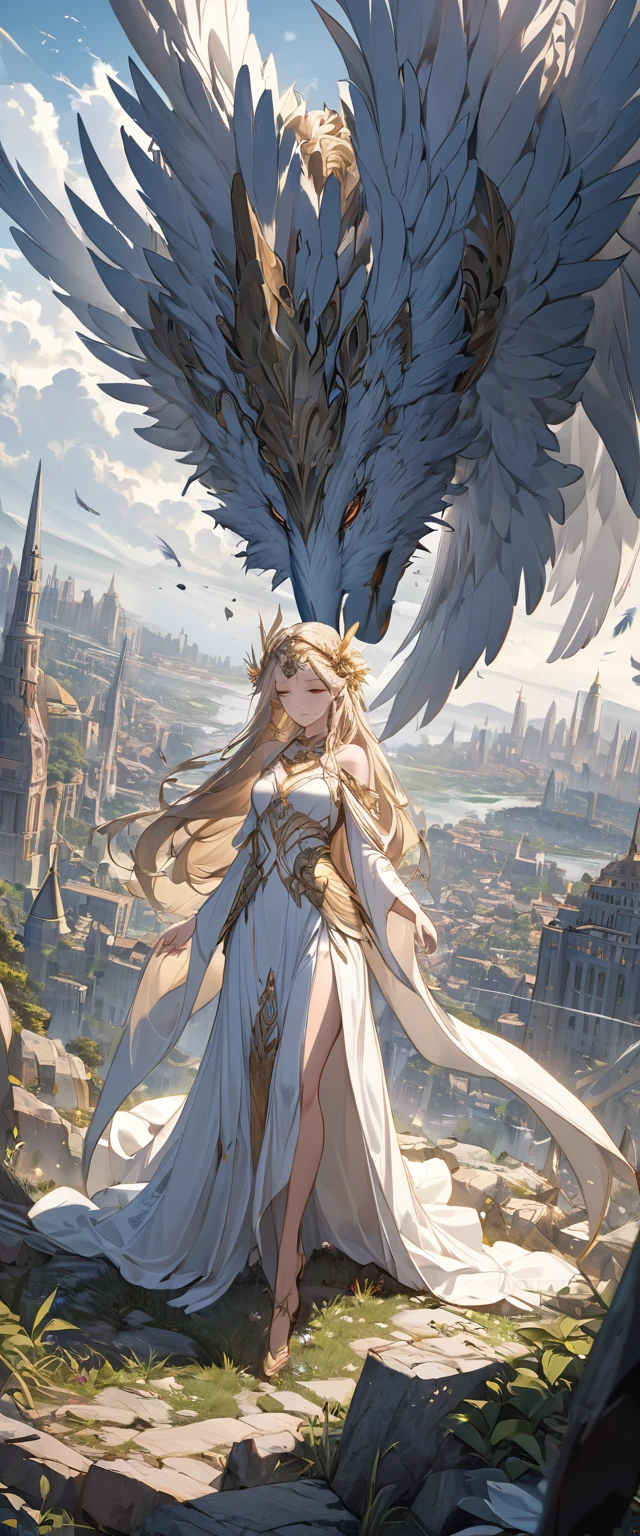 best quality, super fine, 16k, incredibly absurdres, extremely detailed, 2.5D, delicate and dynamic depiction, beautiful goddess, compassionate expression, feathered robes, devastated land and city, magnificent view