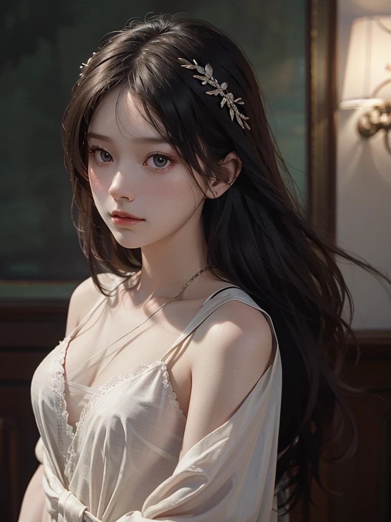 highest quality,finest quality detailed realisticphoto,high-resolution,16k,soft focus,film grain,cinematic lighting,realistic,fine texture,beautiful ultra fine detailed,delicate,beautiful slim girl,very tiny breasts,upped hair