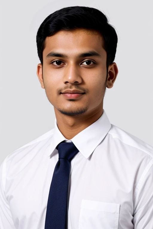a passport size photo of a smart Bangladeshi  man who wear a formal shirt with white background 