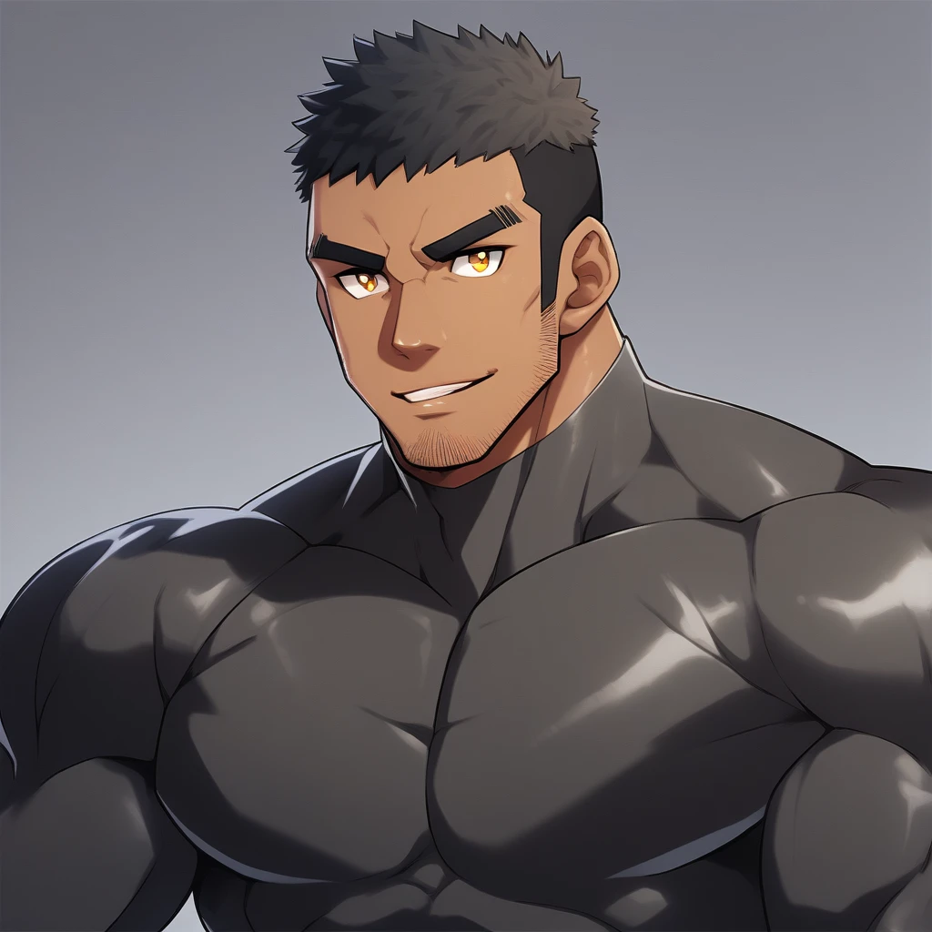 anime characters：Gyee, Muscle Sports Student, negro black skin, 1 dark skin muscular tough guy, Manliness, male focus, Dark grey high collar long sleeve wetsuit, Matte texture, Very tight, Round, full and perky chest muscles, Slightly transparent, muscular male, muscular, only, Upper body, alone, Black short hair, Thick eyebrows, stubble, Yellow eyes, Grey background, simple background, amazing quality, best aesthetics, Ridiculous, bright pupils, crew cut, parted lips, seductive smile, torogao, naughty face,  best quality