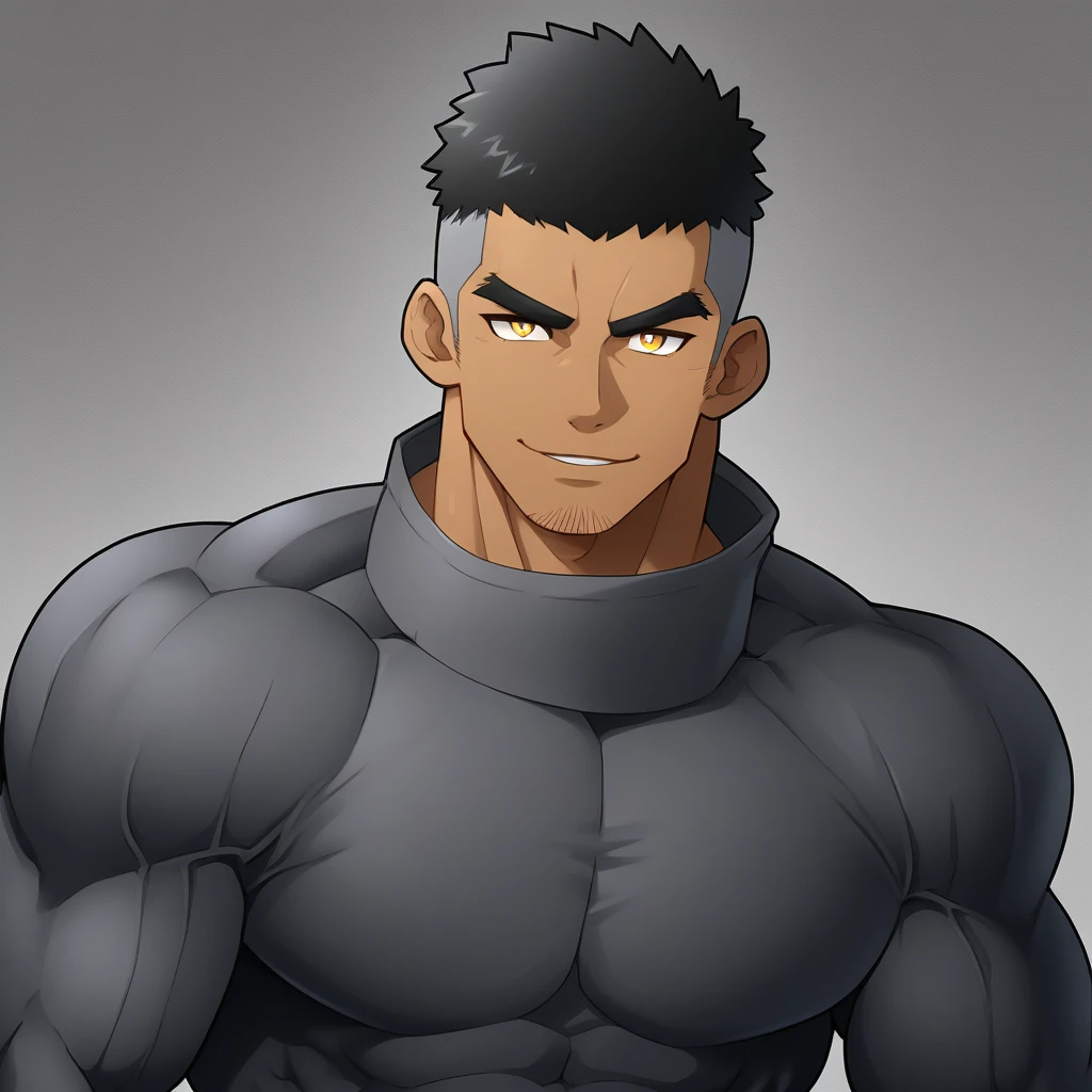 anime characters：Gyee, Muscle Sports Student, negro black skin, 1 dark skin muscular tough guy, Manliness, male focus, Dark grey high collar long sleeve wetsuit, Matte texture, Very tight, Round, full and perky chest muscles, Slightly transparent, muscular male, muscular, only, Upper body, alone, Black short hair, Thick eyebrows, stubble, Yellow eyes, Grey background, simple background, amazing quality, best aesthetics, Ridiculous, bright pupils, crew cut, parted lips, seductive smile, torogao, naughty face,  best quality